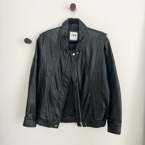 Zara Black Oversized Leather Bomber Jacket